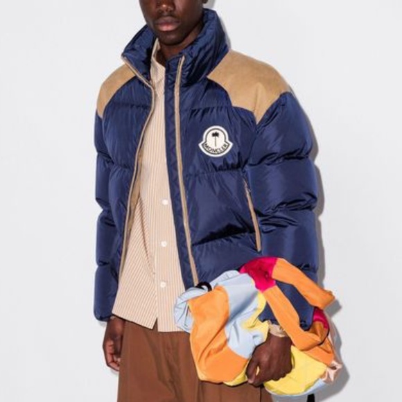 Moncler Palm Angels Kelsey Down Fill Jacket Tan Suede Blue genius 8 maya puffer - Picture 1 of 6